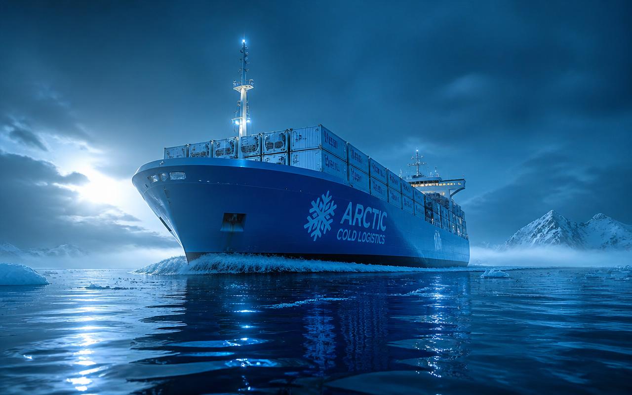 Refrigerated container vessel of Port Logistics sailing through arctic sea at blue hour